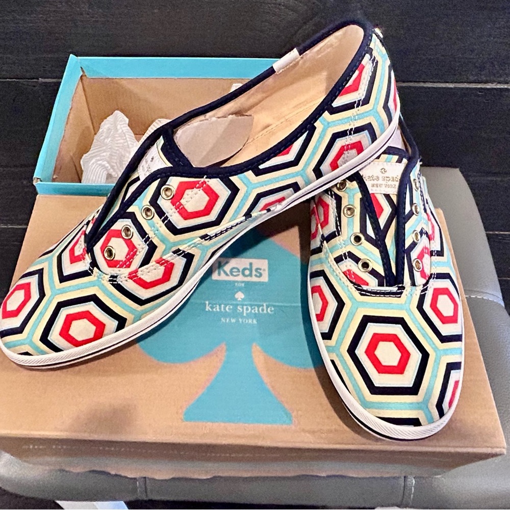 Kate Spade Red and Blue Sneakers with Geometric Design